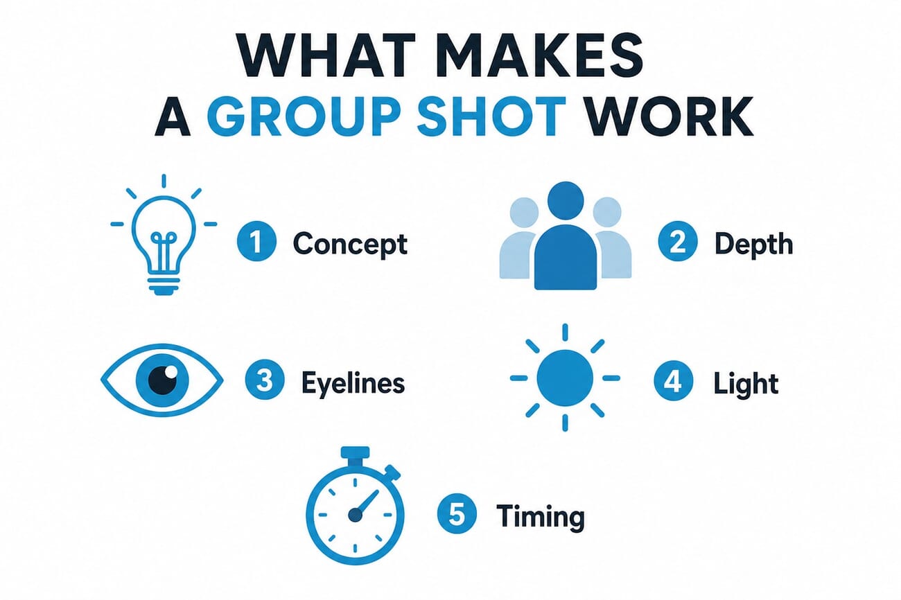 Infographic: five things that make a group photo work - concept, depth, eyelines, light, and timing