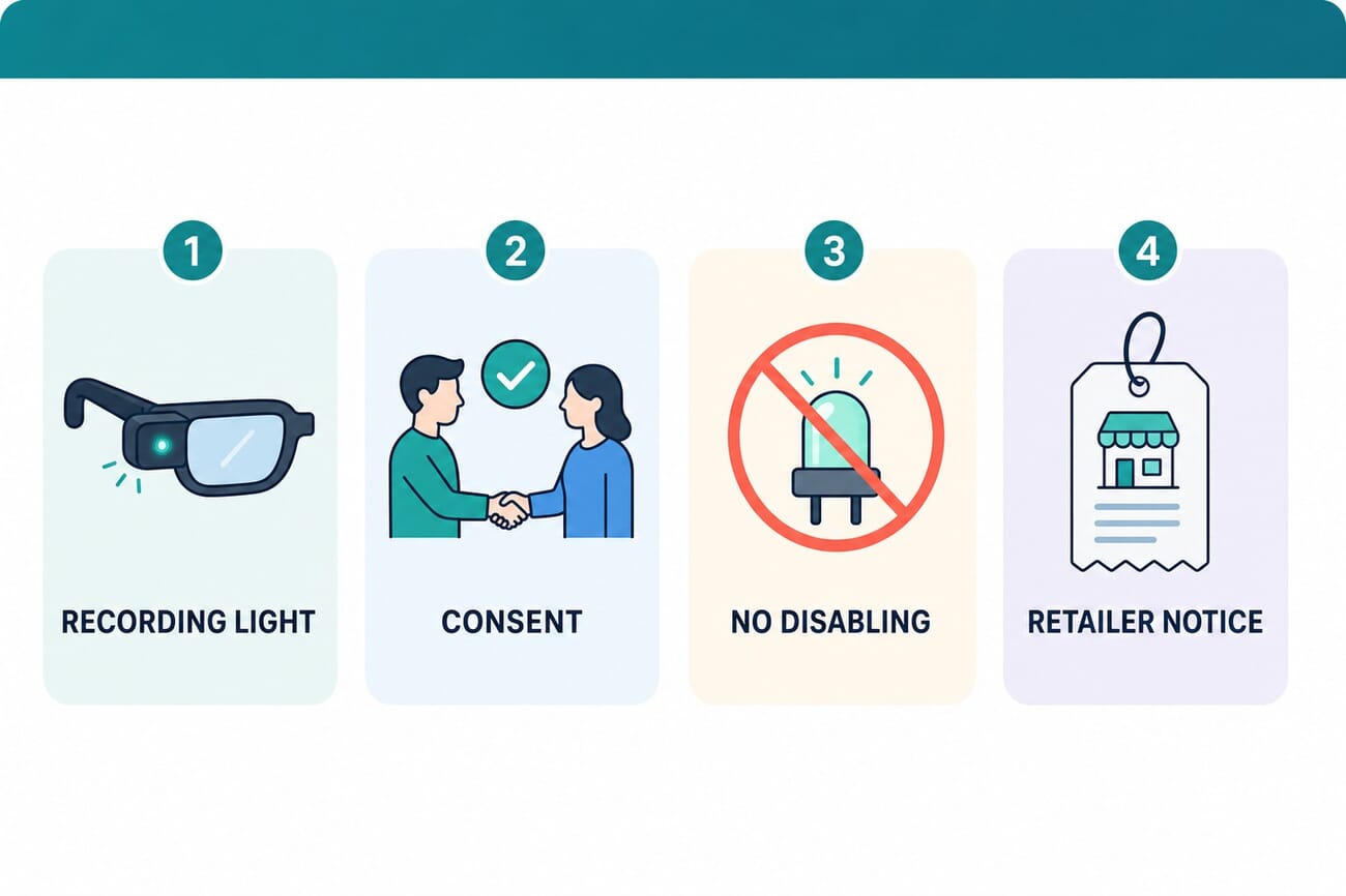 Infographic of what Pennsylvania HB 2603 would require: visible recording light, consent by actual knowledge, no disabling the indicator, retailer disclosure