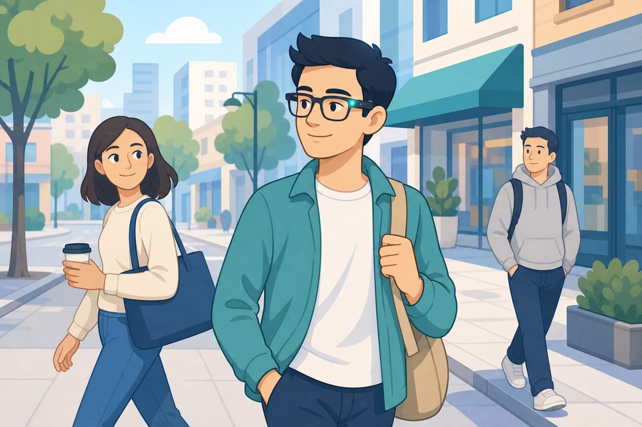A person walks on a city street wearing smart glasses with a glowing recording light as other pedestrians pass