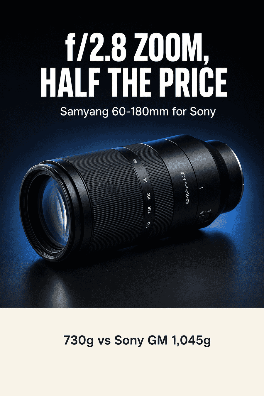 Vertical graphic reading f/2.8 zoom half the price, Samyang 60-180mm for Sony, 730g vs Sony GM 1,045g