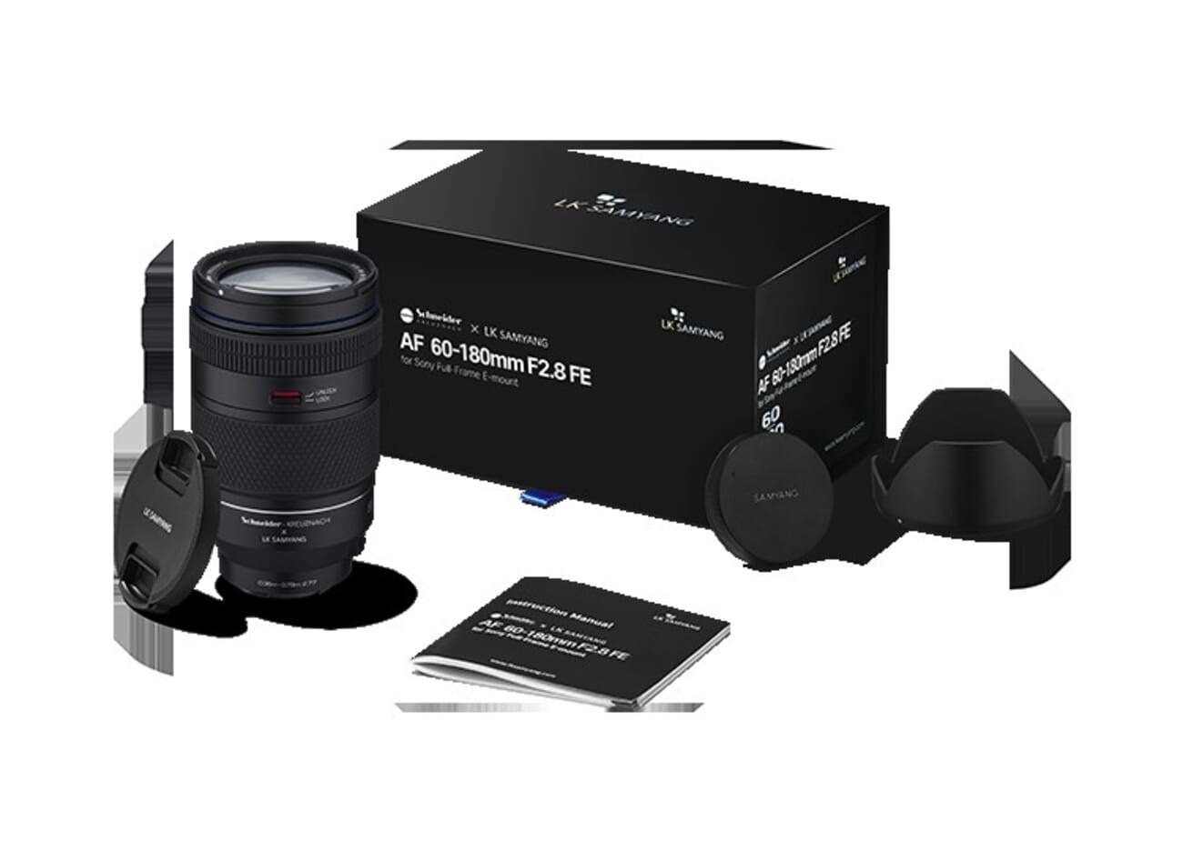 Samyang AF 60-180mm f/2.8 FE lens with its box, caps, hood and manual, showing the Schneider-Kreuznach co-branding for Sony full-frame E-mount