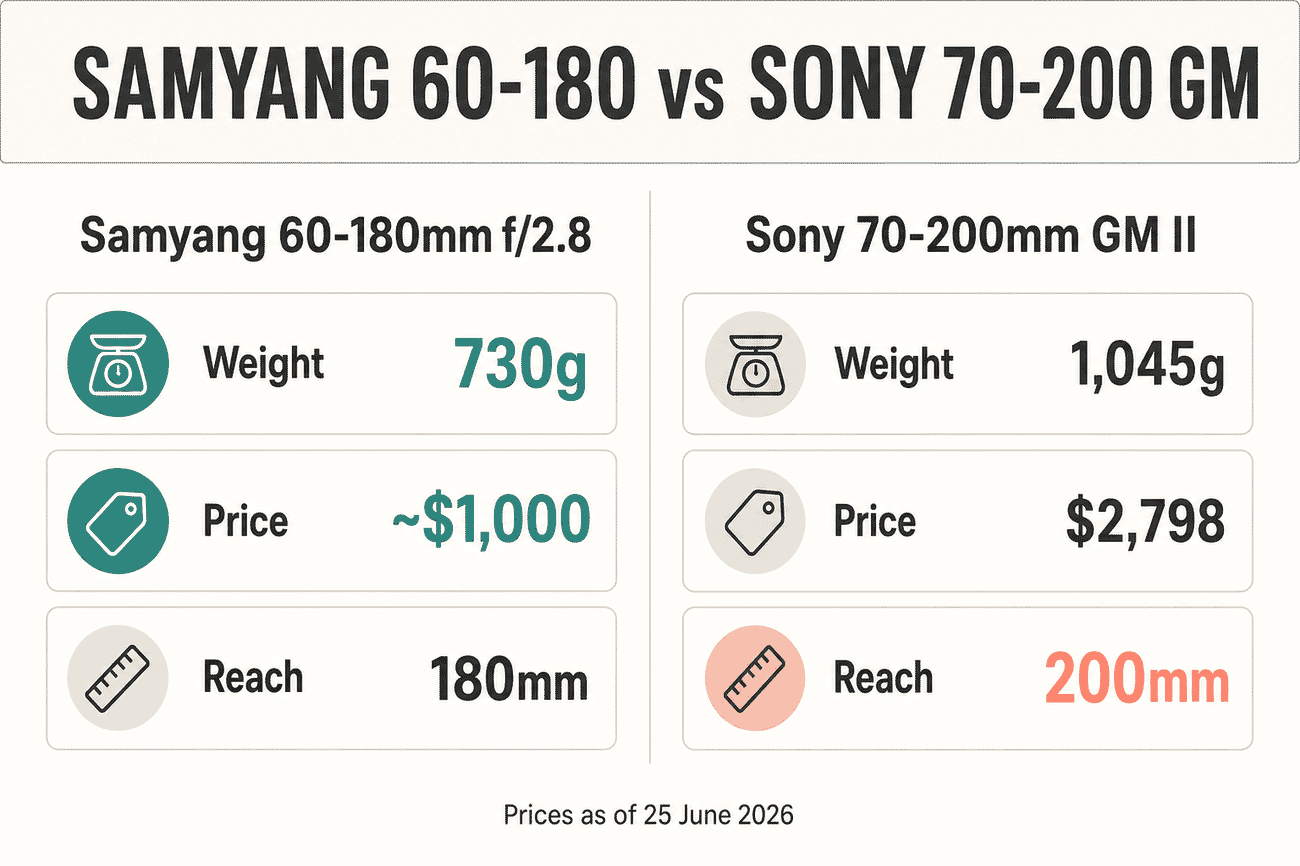 Comparison infographic: Samyang 60-180mm f/2.8 at 730g and about $1,000 versus Sony 70-200mm f/2.8 GM II at 1,045g and $2,798