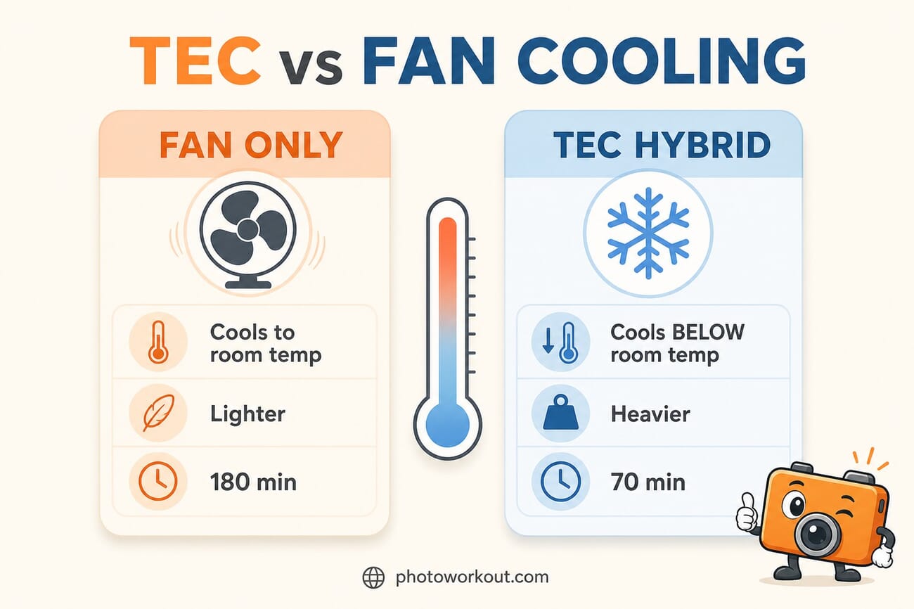 Comparison of fan-only cooling versus TEC hybrid cooling for mirrorless cameras