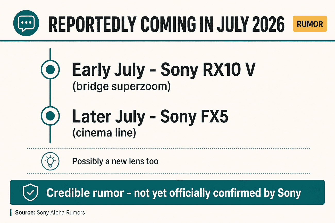 Infographic: reportedly coming July 2026, the Sony RX10 V early July and the FX5 later, a credible rumor not yet officially confirmed by Sony