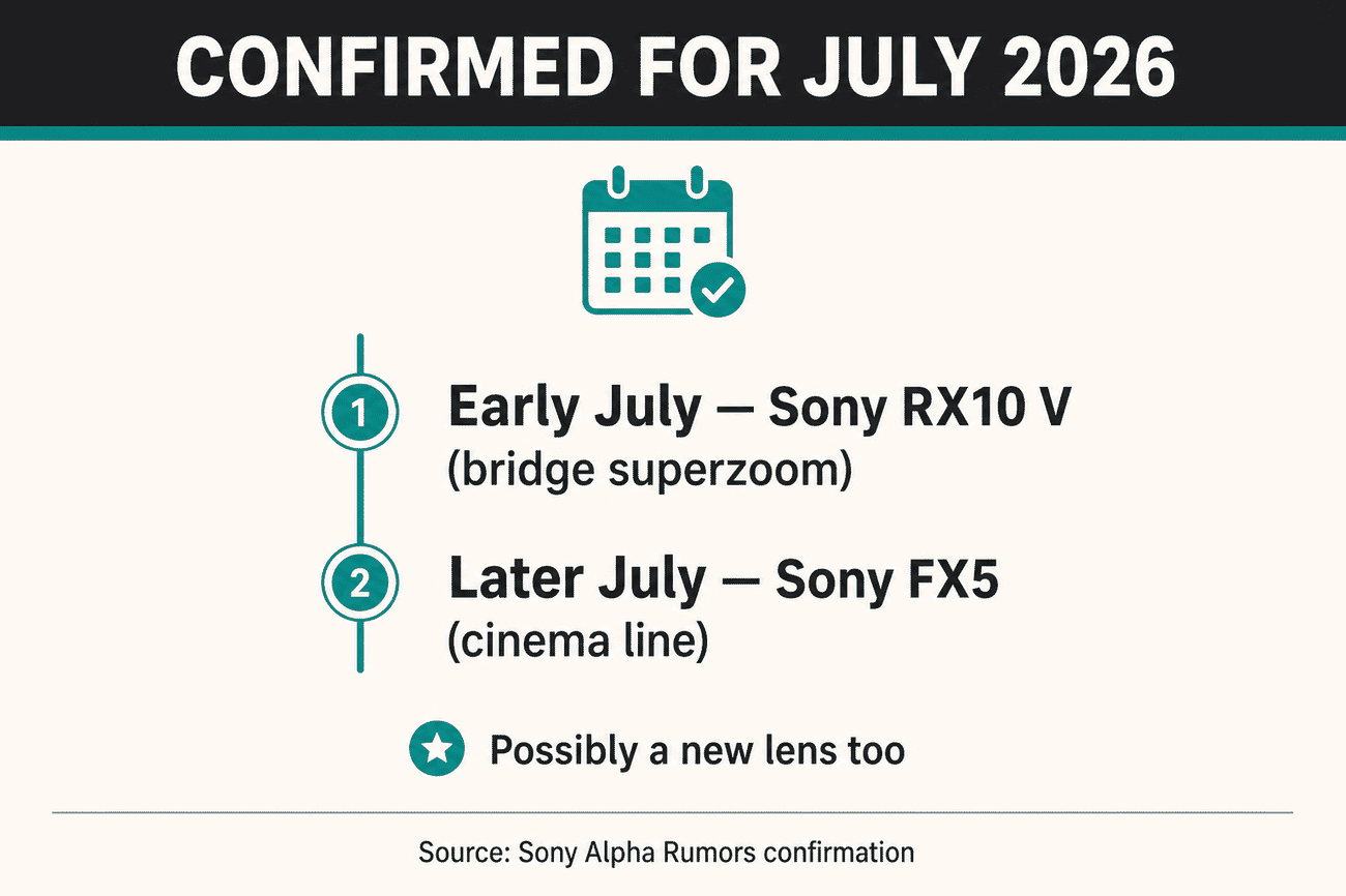 Infographic: confirmed for July 2026, early July the Sony RX10 V bridge superzoom, later July the Sony FX5 cinema camera, possibly a new lens