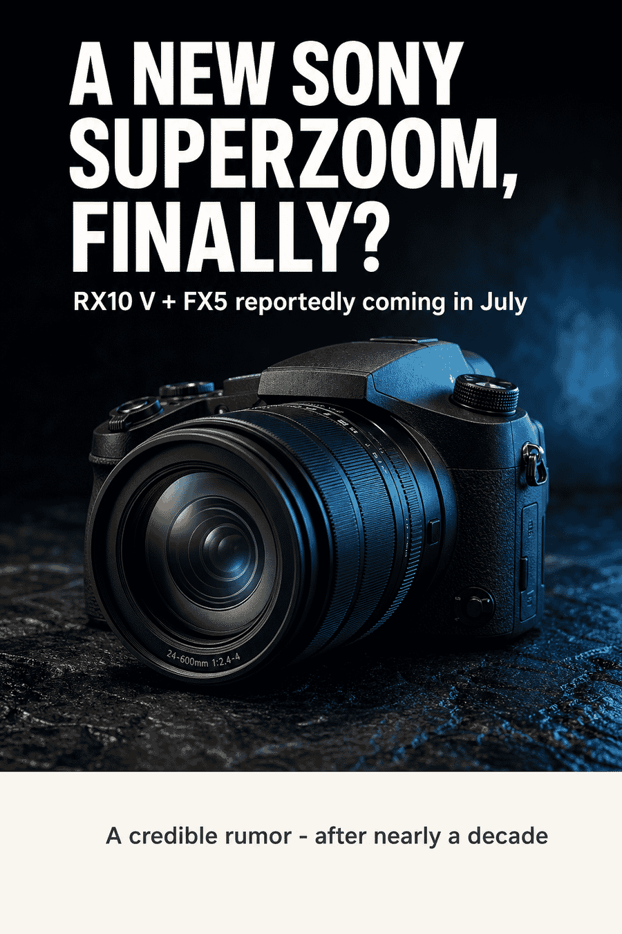Vertical graphic reading a new Sony superzoom finally, RX10 V and FX5 reportedly coming in July, a credible rumor after nearly a decade