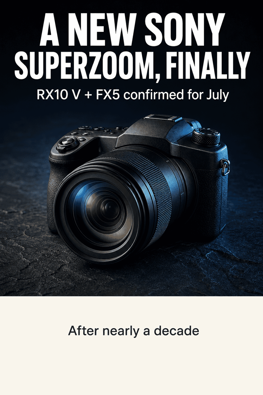 Vertical graphic reading a new Sony superzoom finally, RX10 V and FX5 confirmed for July, after nearly a decade