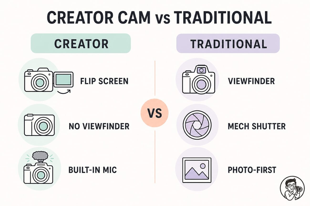 Creator camera vs traditional beginner camera: flip screen, no viewfinder, built-in mic vs viewfinder, mechanical shutter, photo-first
