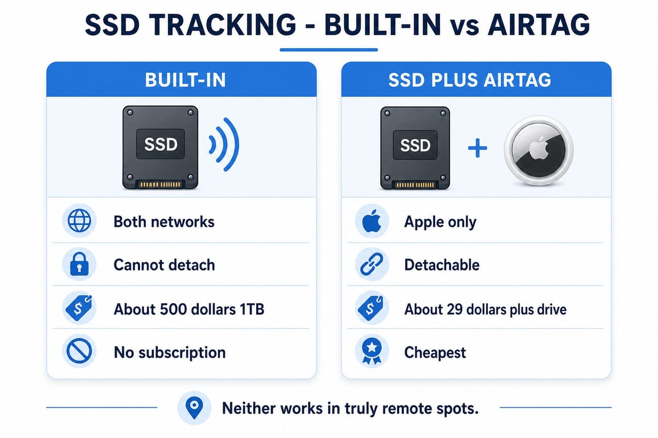 Comparison: a portable SSD with built-in Find My tracking versus an SSD with an AirTag clipped to it