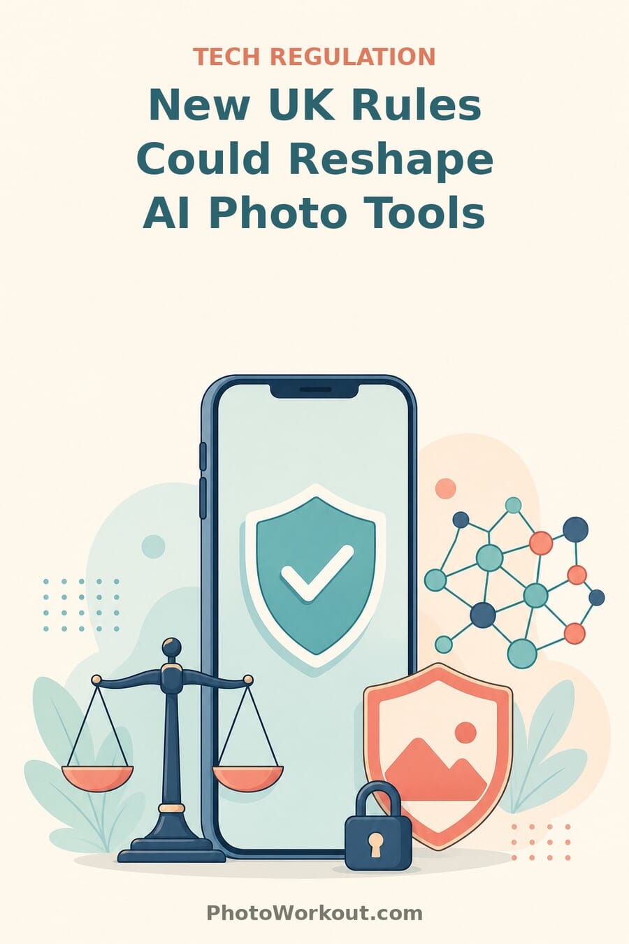 Pinterest pin: new UK rules could reshape AI photo tools, with a shield, scales of justice and AI network illustration