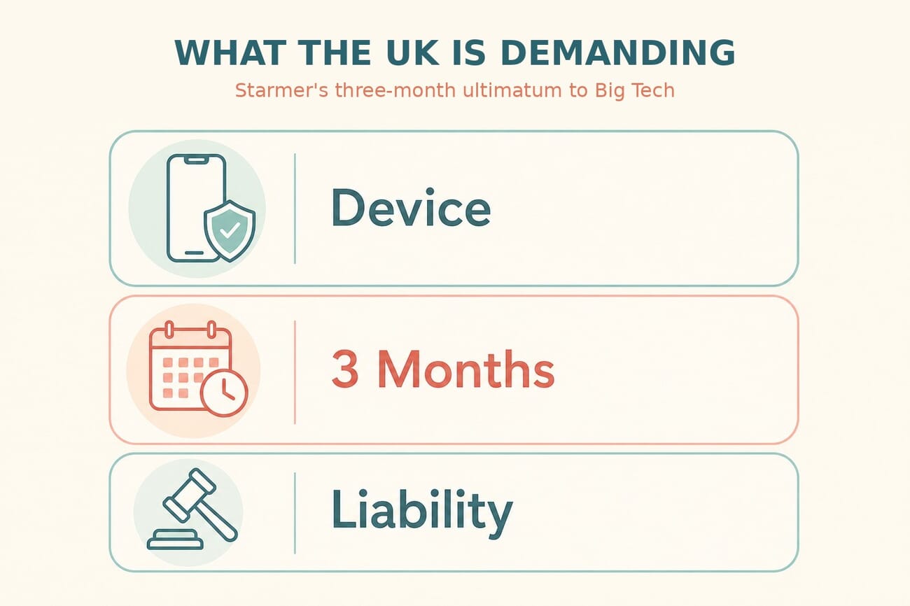Infographic: what the UK is demanding — on-device blocking, a three-month deadline, and possible criminal liability for tech executives