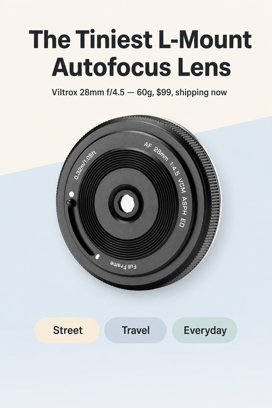 The tiniest L-mount autofocus lens — Viltrox 28mm f/4.5, 60g, $99, shipping now