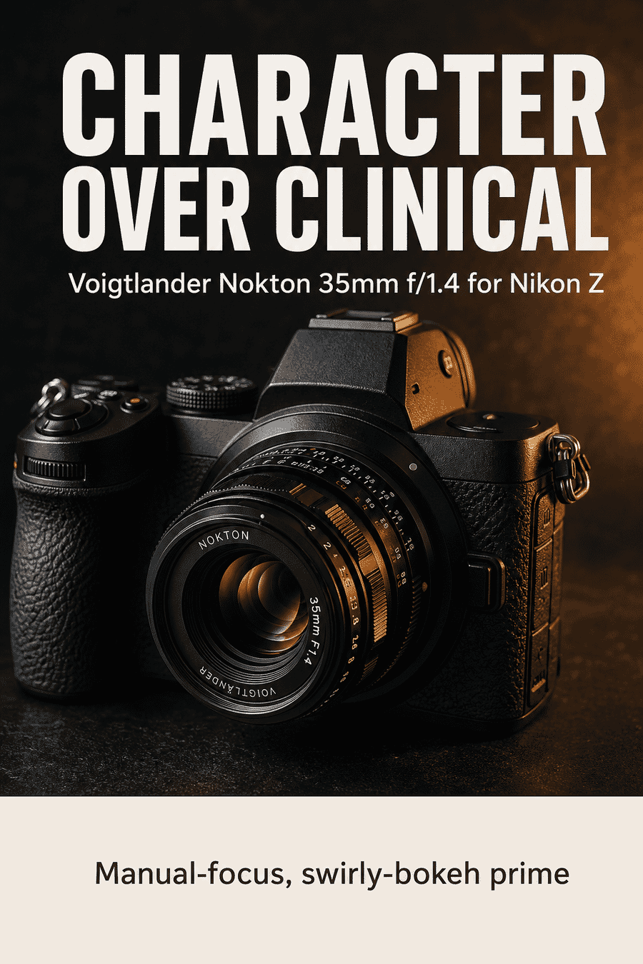 Vertical graphic reading character over clinical, Voigtlander Nokton 35mm f/1.4 for Nikon Z, manual-focus swirly-bokeh prime