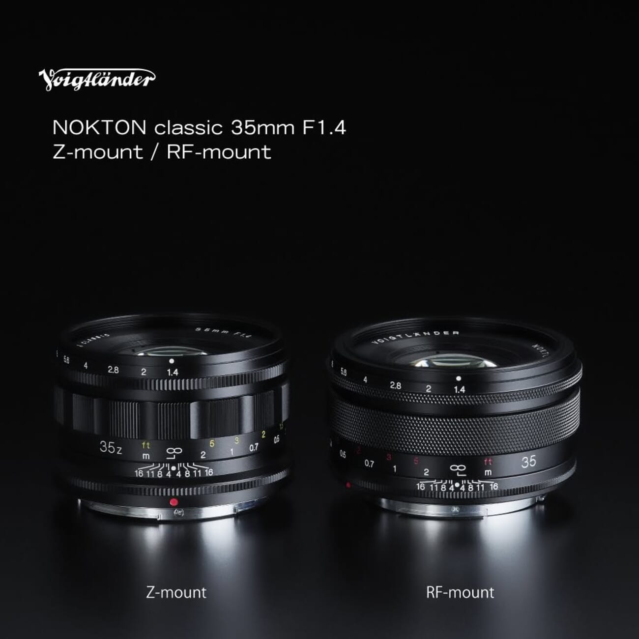 Voigtlander Nokton Classic 35mm f/1.4 shown in both Nikon Z and Canon RF mount versions, with focus and aperture scales visible on the all-metal barrels
