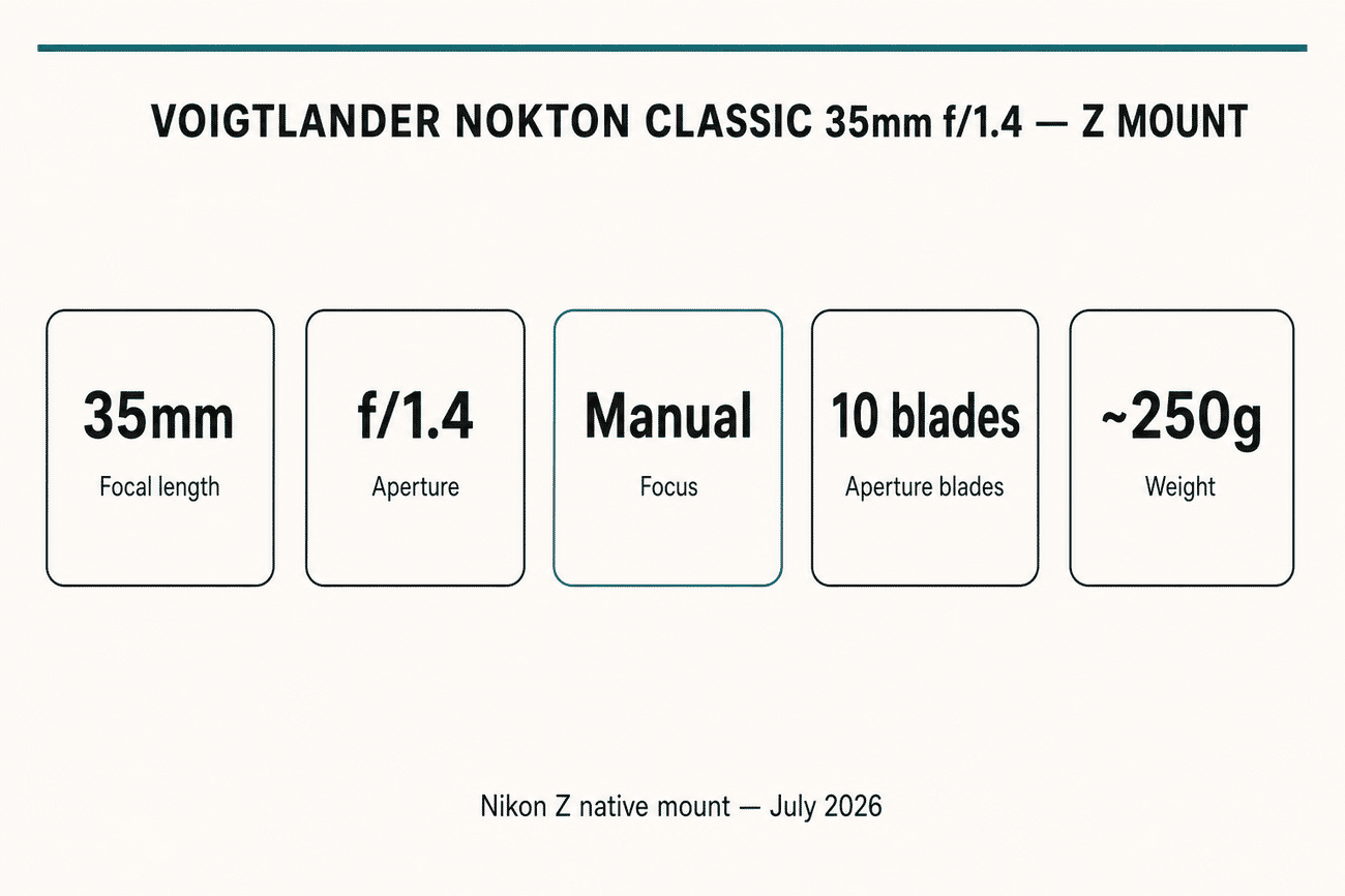 Specs infographic for the Voigtlander Nokton Classic 35mm f/1.4 Z-mount: 35mm focal length, f/1.4 aperture, manual focus, 10 aperture blades, about 250g