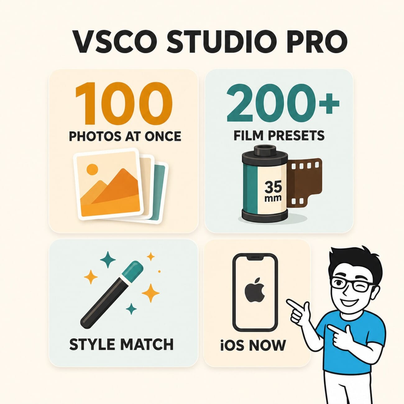 VSCO Studio Pro feature overview: batch 100 photos, 200+ film presets, Style Match, iOS