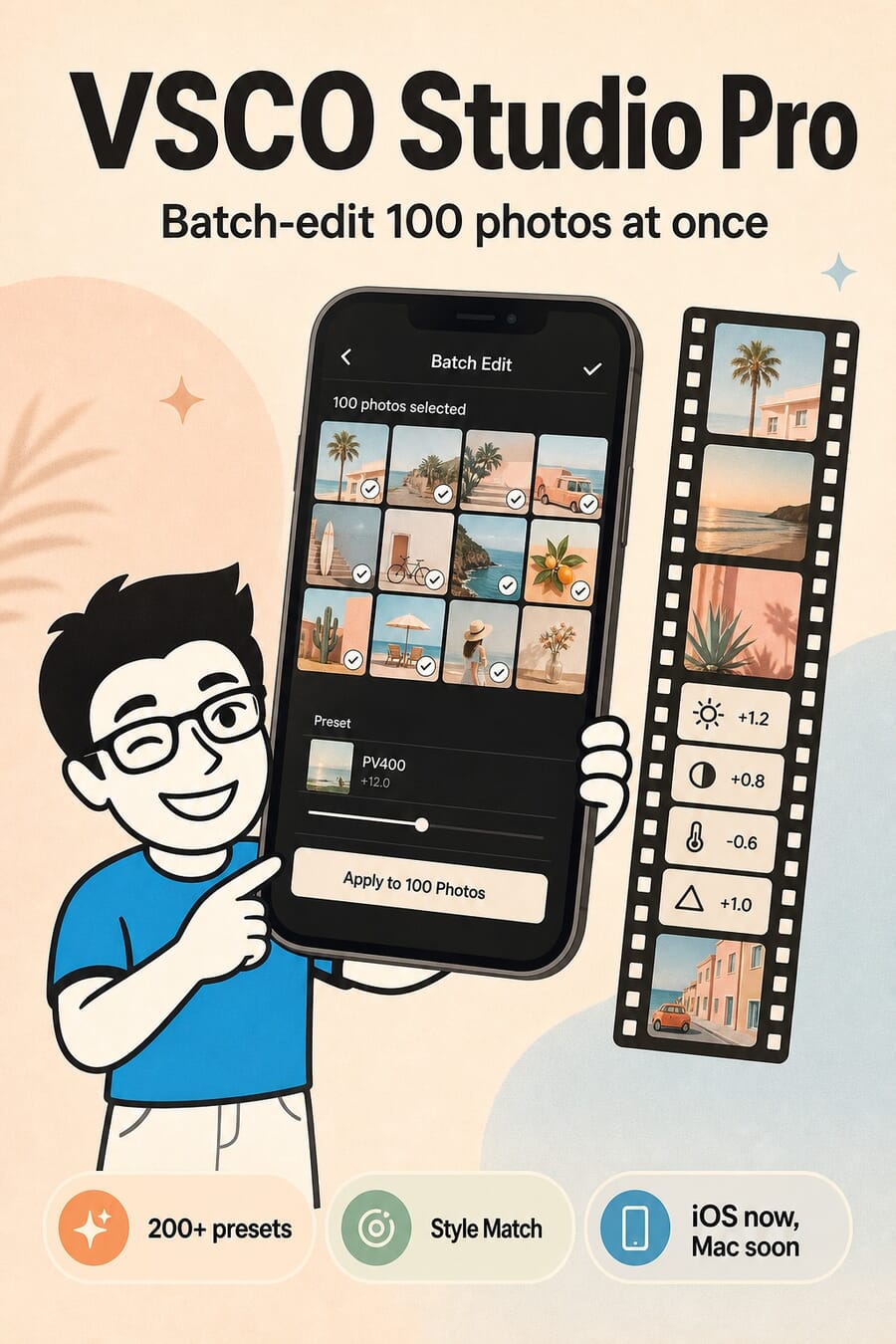 VSCO Studio Pro pin: batch-edit 100 photos at once with 200+ film presets, Style Match, iOS now