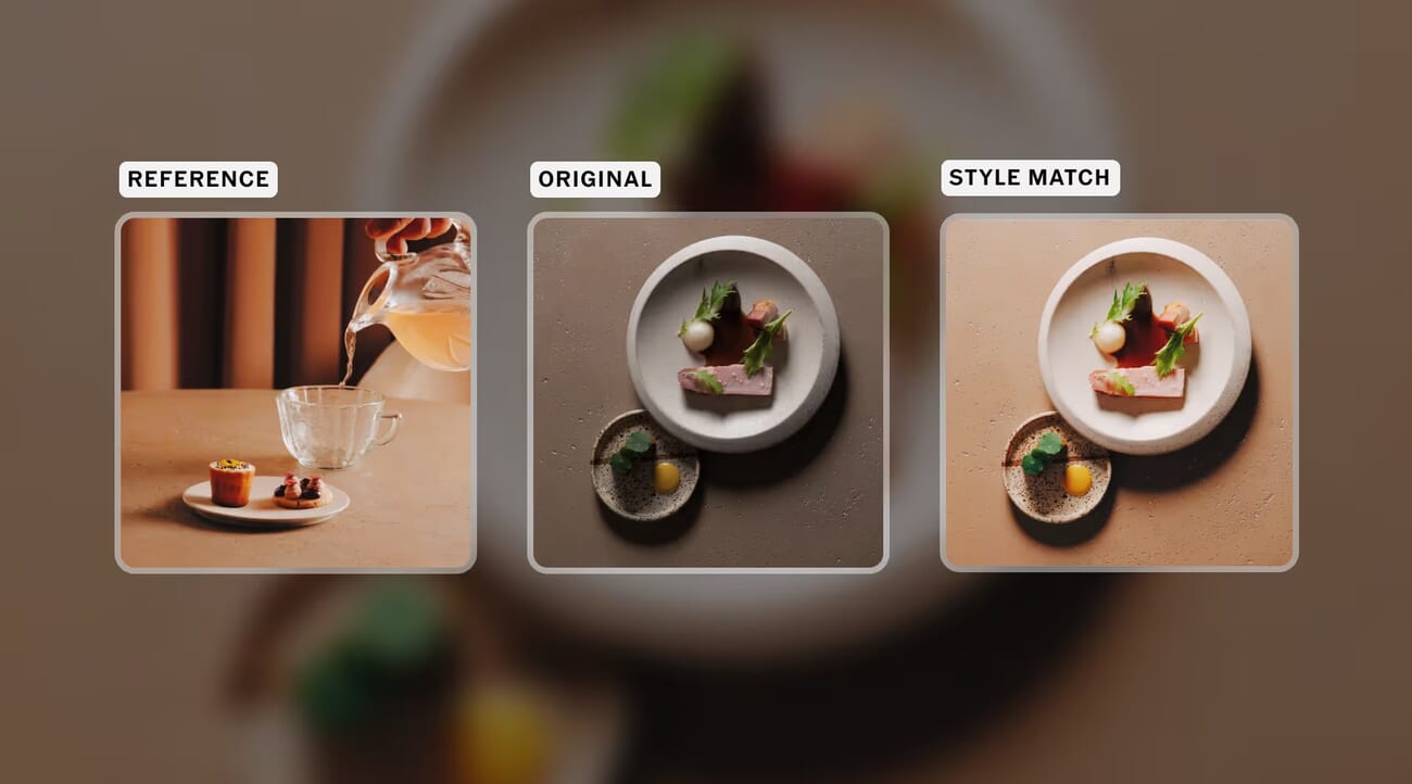 VSCO Studio Pro Style Match comparing a reference photo, the original and the matched result