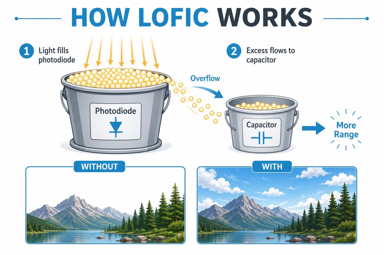 Diagram showing how a LOFIC pixel uses an overflow capacitor to capture highlight detail