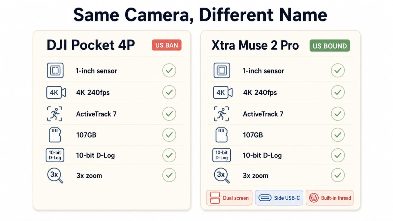 Spec comparison infographic: DJI Pocket 4P vs Xtra Muse 2 Pro — matching 1-inch sensor, 4K 240fps, ActiveTrack 7, 107GB, 10-bit D-Log and 3x zoom