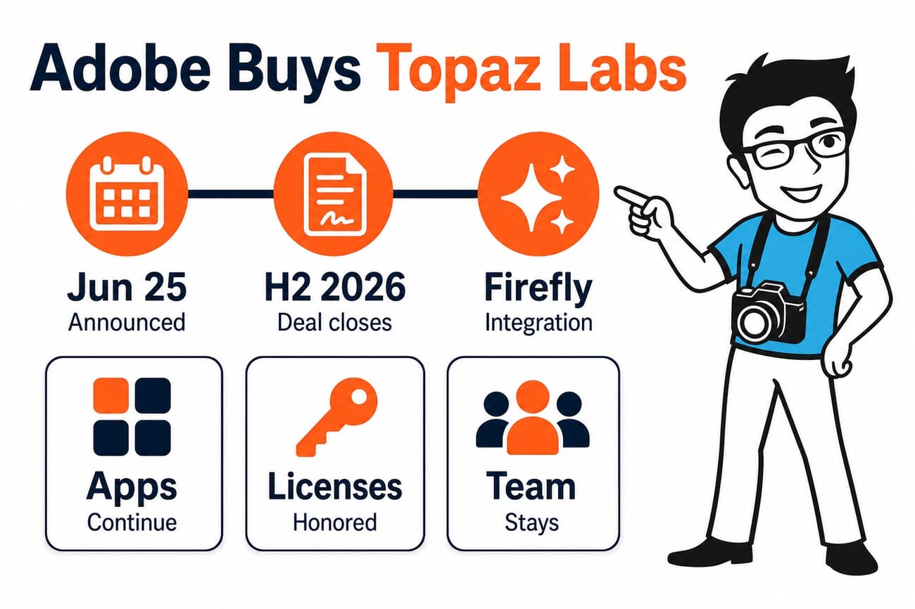 Infographic timeline of the Adobe Topaz Labs acquisition: announced June 25, closing H2 2026, models integrating into Firefly, with apps, licenses, and team continuing
