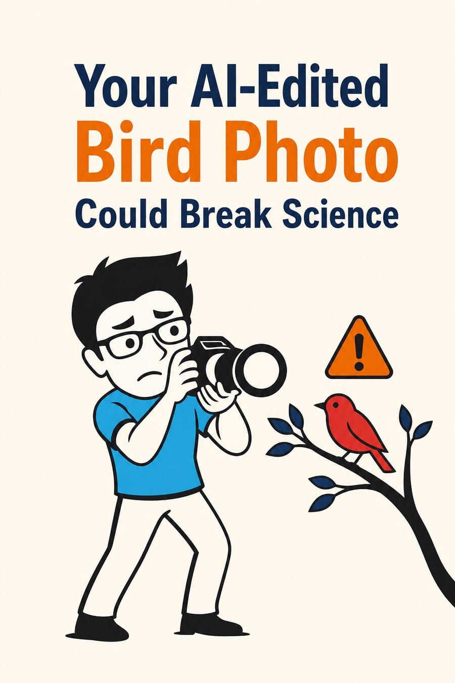 Vertical graphic: your AI-edited bird photo could break science, with the PhotoWorkout mascot photographing a red bird and a warning icon