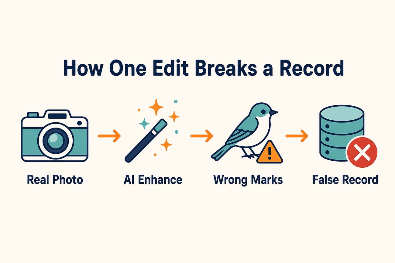 Infographic: how one AI edit breaks a scientific record, from real photo to AI enhance to wrong field marks to false database record