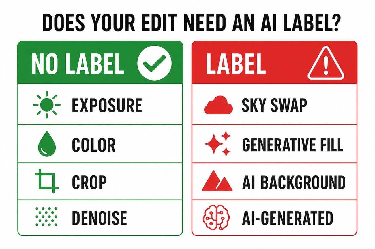 Infographic checklist showing which photo edits need an AI label under the EU AI Act: exposure, color, crop and denoise need no label, while sky swap, generative fill, AI background and AI-generated images do
