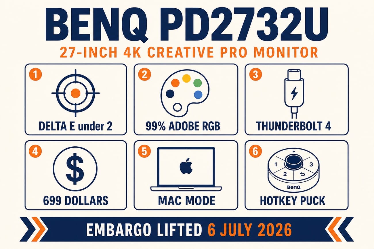 Infographic summarizing the six main features of the BenQ PD2732U: Delta E under 2, 99% Adobe RGB, Thunderbolt 4, $699 price, Mac mode, and wireless Hotkey Puck
