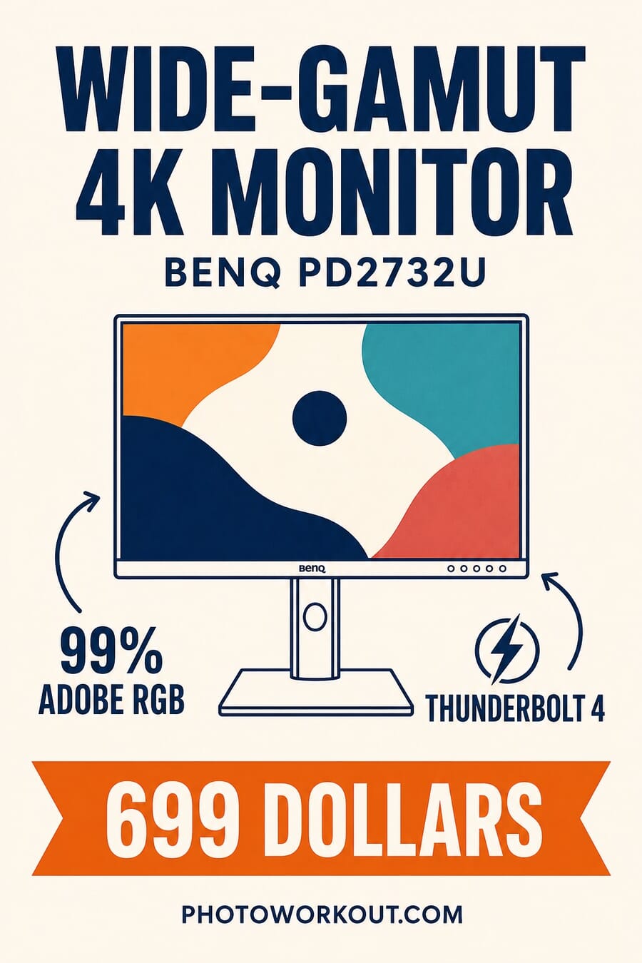 Vertical graphic promoting the BenQ PD2732U 27-inch 4K wide-gamut monitor at $699 with 99 percent Adobe RGB and Thunderbolt 4