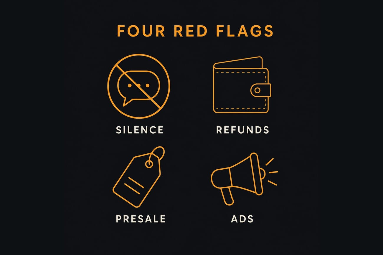 Infographic listing four red flags backers cite about the Benro Theta Kickstarter: silence, unpaid refunds, a public presale, and continued marketing