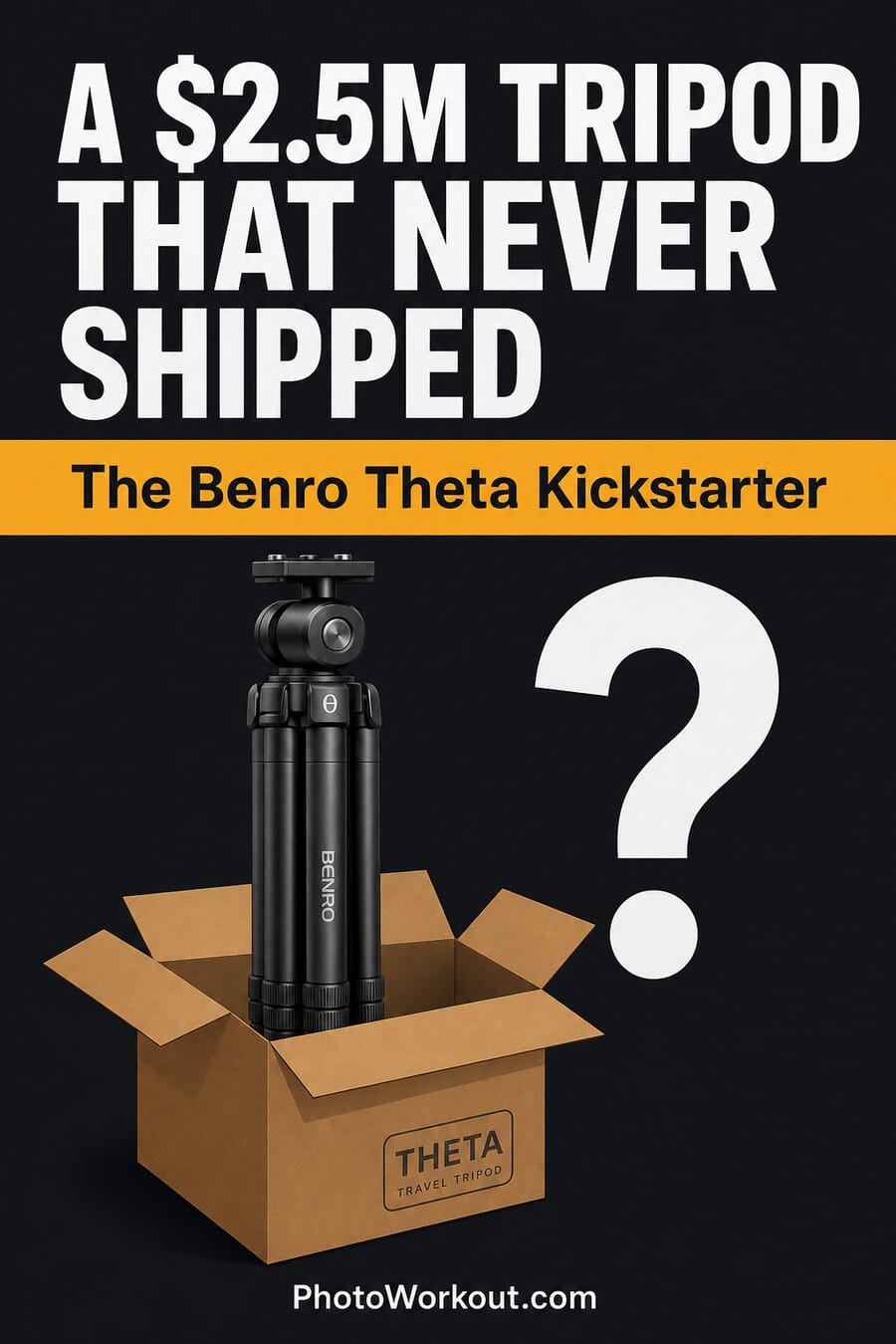 Vertical graphic: a $2.5 million tripod that never shipped, the Benro Theta Kickstarter story