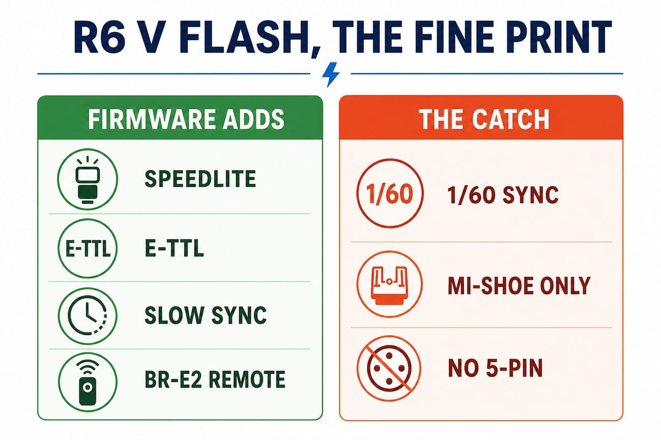 Infographic showing what Canon R6 V firmware 1.1.0 adds for flash (Speedlite support, E-TTL, slow sync, BR-E2 remote) versus the catches (1/60s sync, multi-function shoe only, no 5-pin hotshoe)