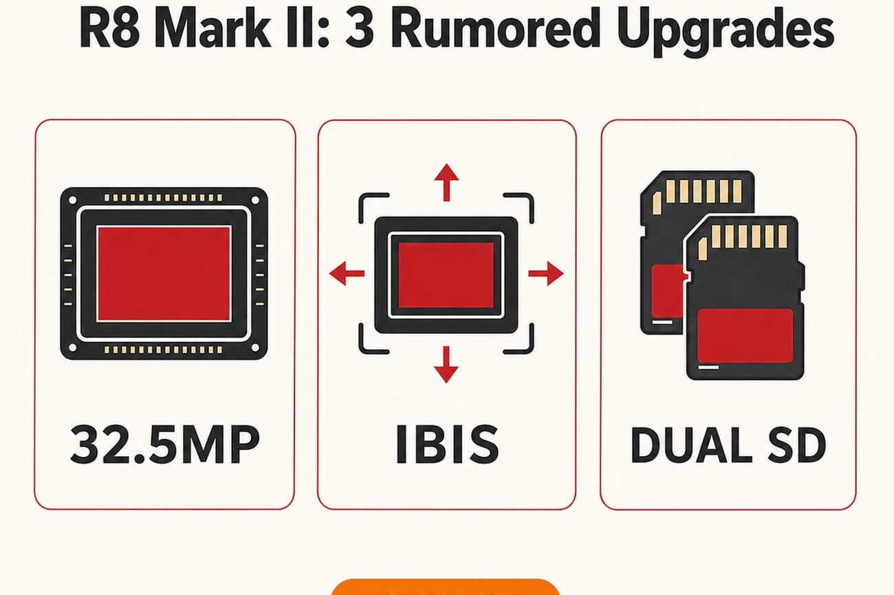 Infographic showing three rumored Canon EOS R8 Mark II upgrades: 32.5MP sensor, in-body stabilization, and dual SD card slots