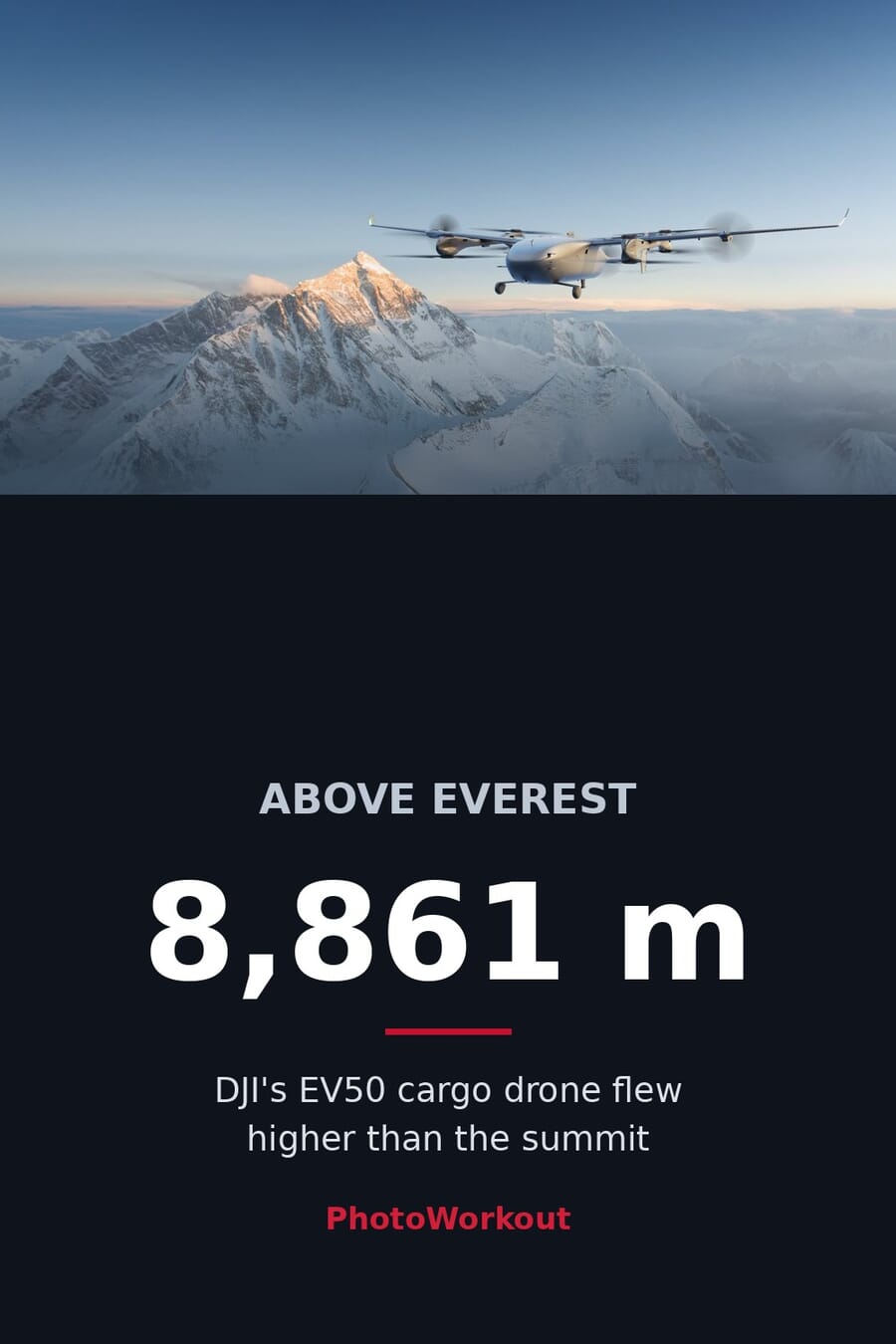 Vertical graphic: DJI EV50 cargo drone flew to 8,861 meters, above the summit of Mount Everest