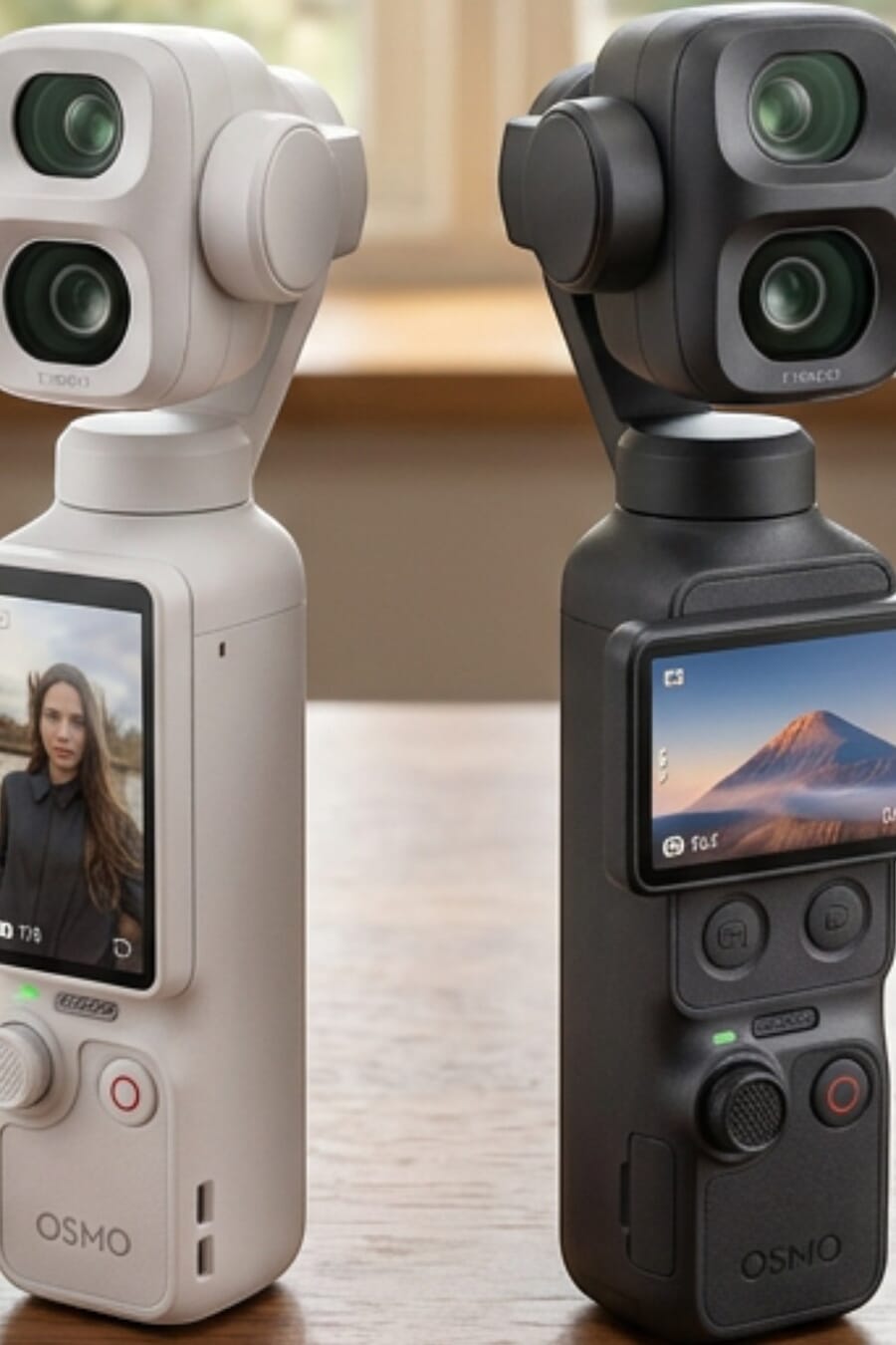 DJI Osmo Pocket 4P in white and black, the dual-lens pocket gimbal camera with the first LOFIC sensor in a dedicated camera, vertical product shot