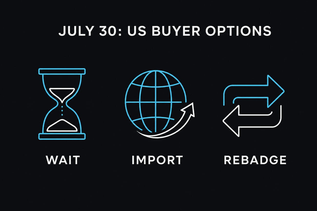 Infographic showing three options for US buyers of the DJI Pocket 4P on July 30: wait, import grey-market, or buy the rebadge