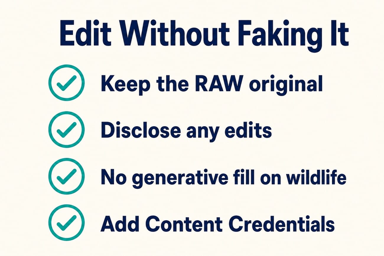Infographic checklist: edit without faking it, keep the RAW original, disclose any edits, no generative fill on wildlife, add Content Credentials