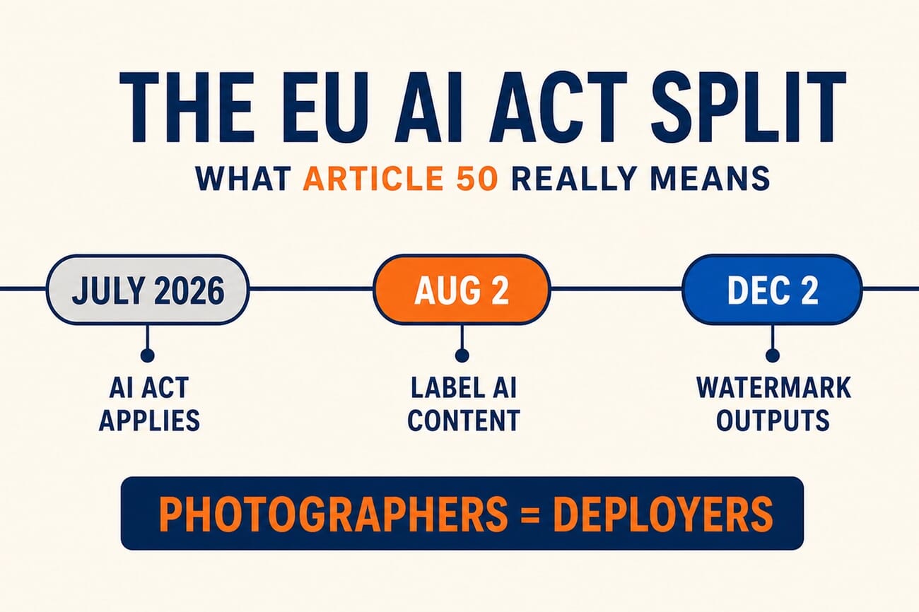 Timeline infographic showing July 2026 as pre-deadline, August 2, 2026 as the deployer-labeling activation date, and December 2, 2026 as the provider watermarking date