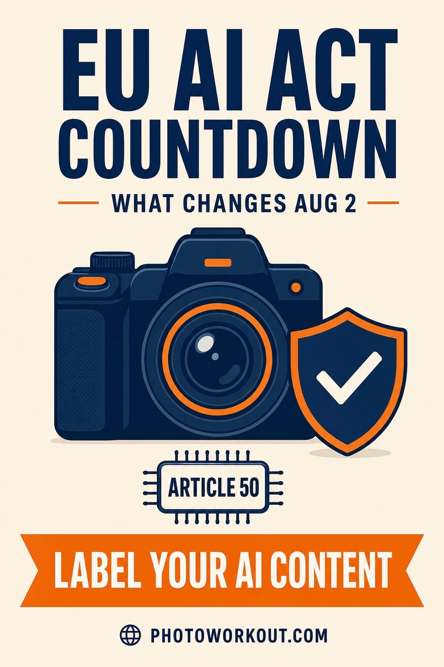 Vertical graphic summarizing the EU AI Act August 2 countdown and the Article 50 label-your-AI-content requirement for photographers