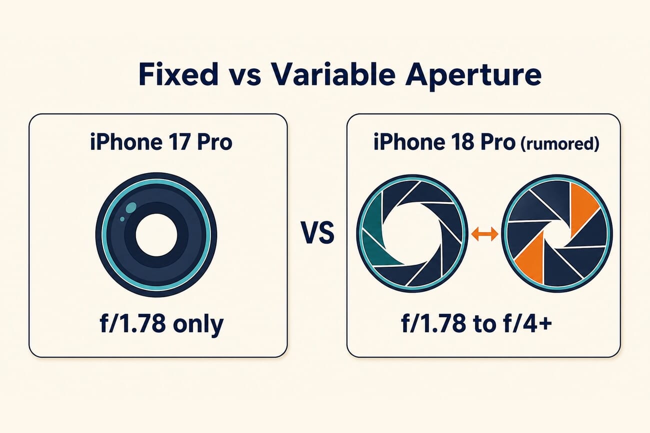 Infographic comparing the fixed f/1.78 aperture of the iPhone 17 Pro with the rumored variable aperture of the iPhone 18 Pro