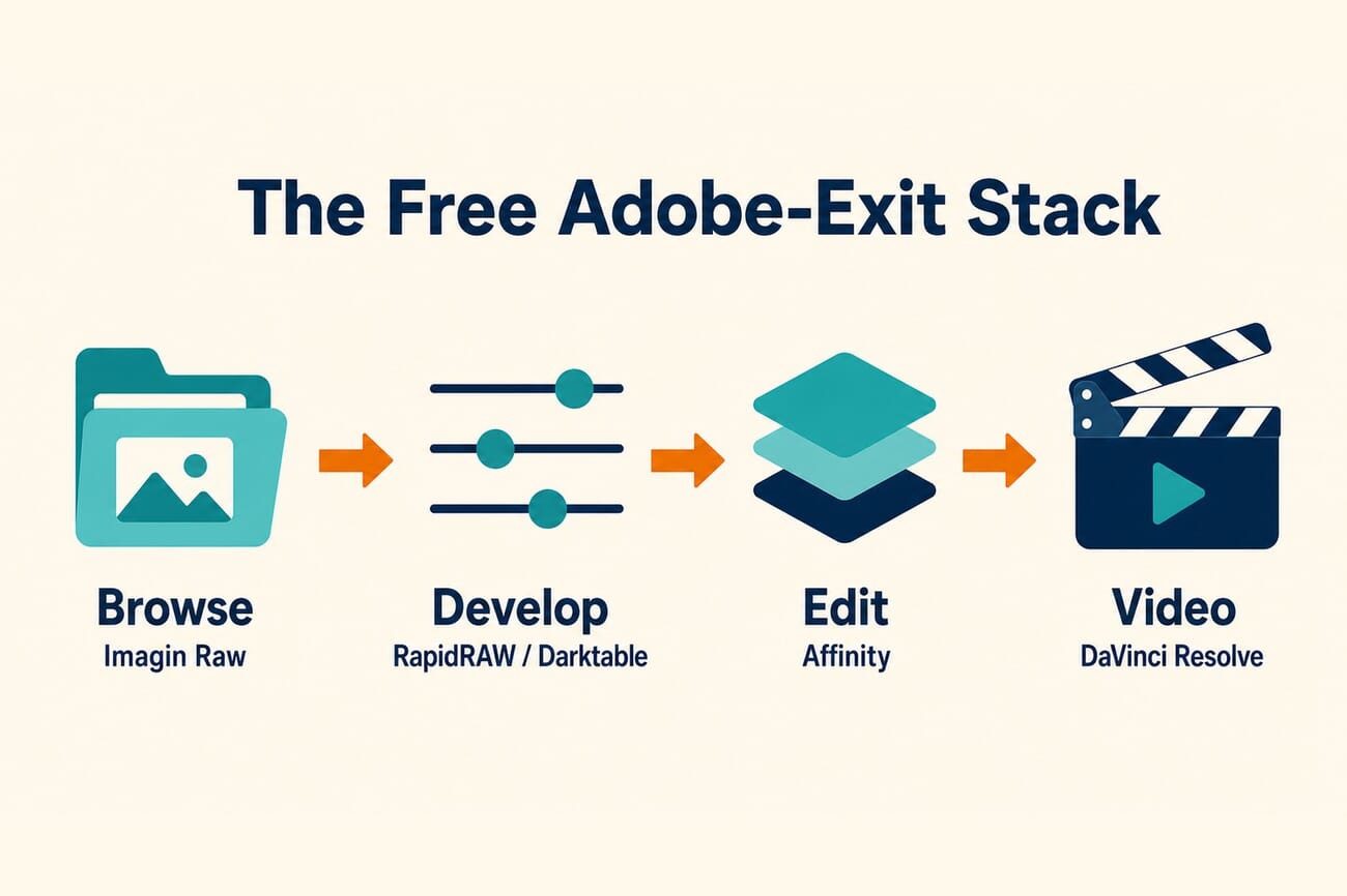 Infographic showing the free Adobe-exit stack: Imagin Raw to browse, RapidRAW or Darktable to develop, Affinity to edit, DaVinci Resolve for video