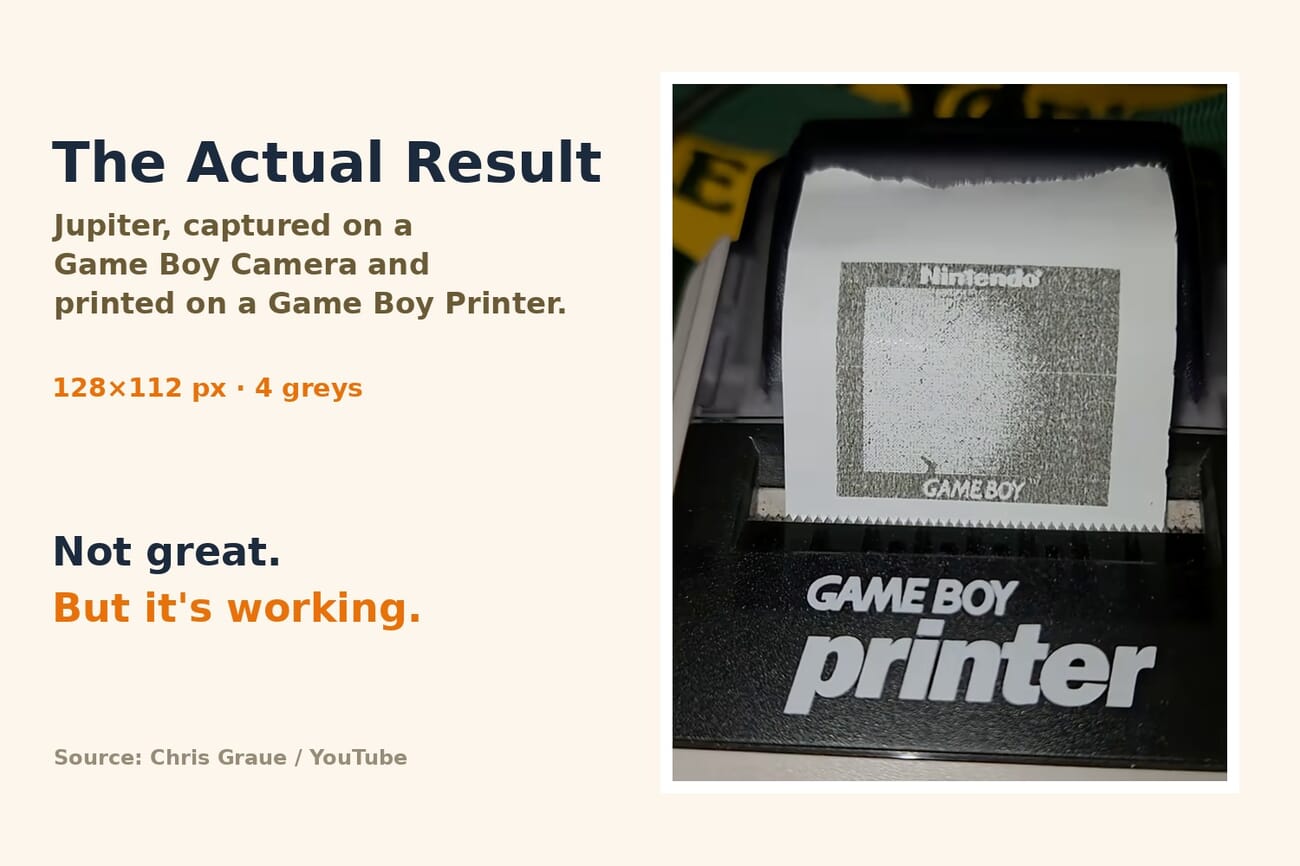The Jupiter image captured on a Game Boy Camera, printed on a Game Boy Printer