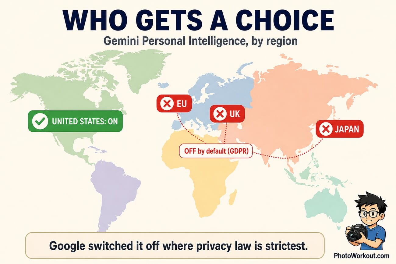 Map showing Gemini Personal Intelligence on by default in the US and off in the EU, UK and Japan