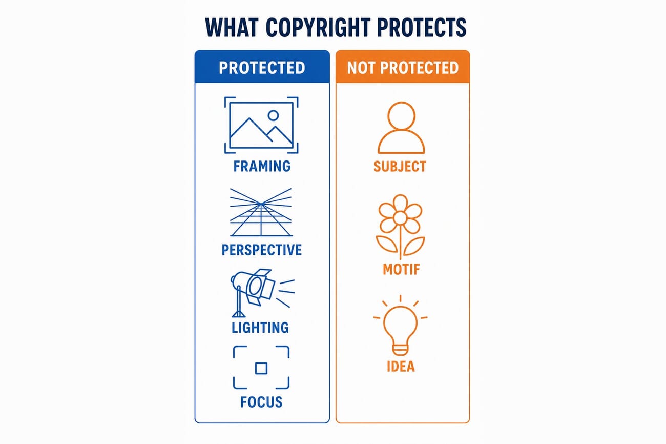 Infographic showing what photographic copyright protects (framing, perspective, lighting, focus) versus what it does not (subject, motif, idea)