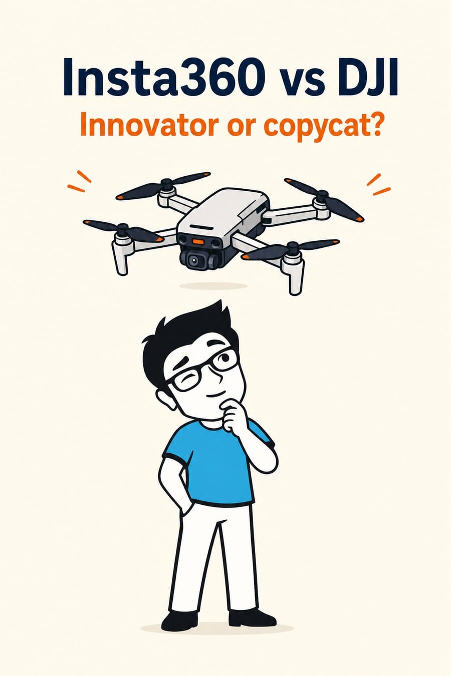 Vertical graphic: Insta360 vs DJI, innovator or copycat, with the PhotoWorkout mascot looking at a folding selfie drone