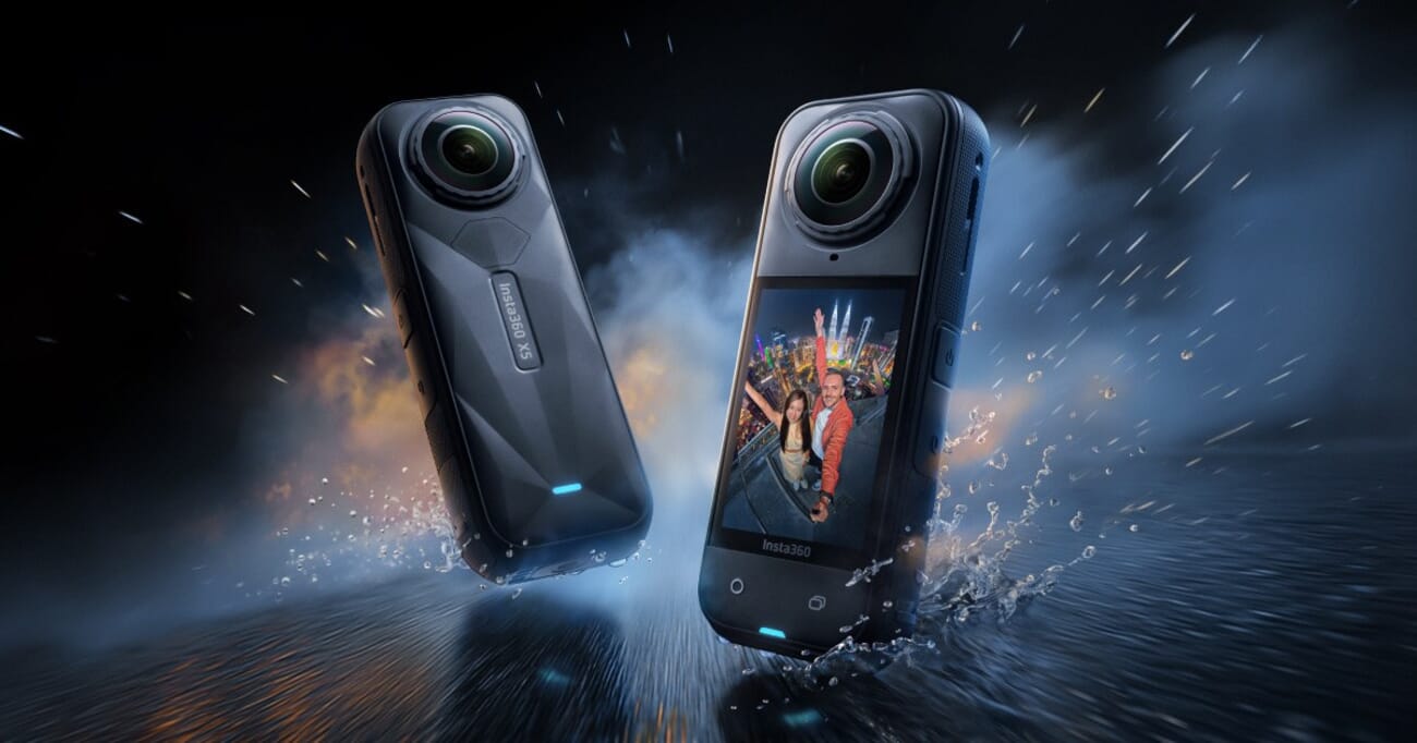 Two views of the Insta360 X5, the direct predecessor to the X6, showing the dual-lens 360-degree camera in Insta360's official product imagery