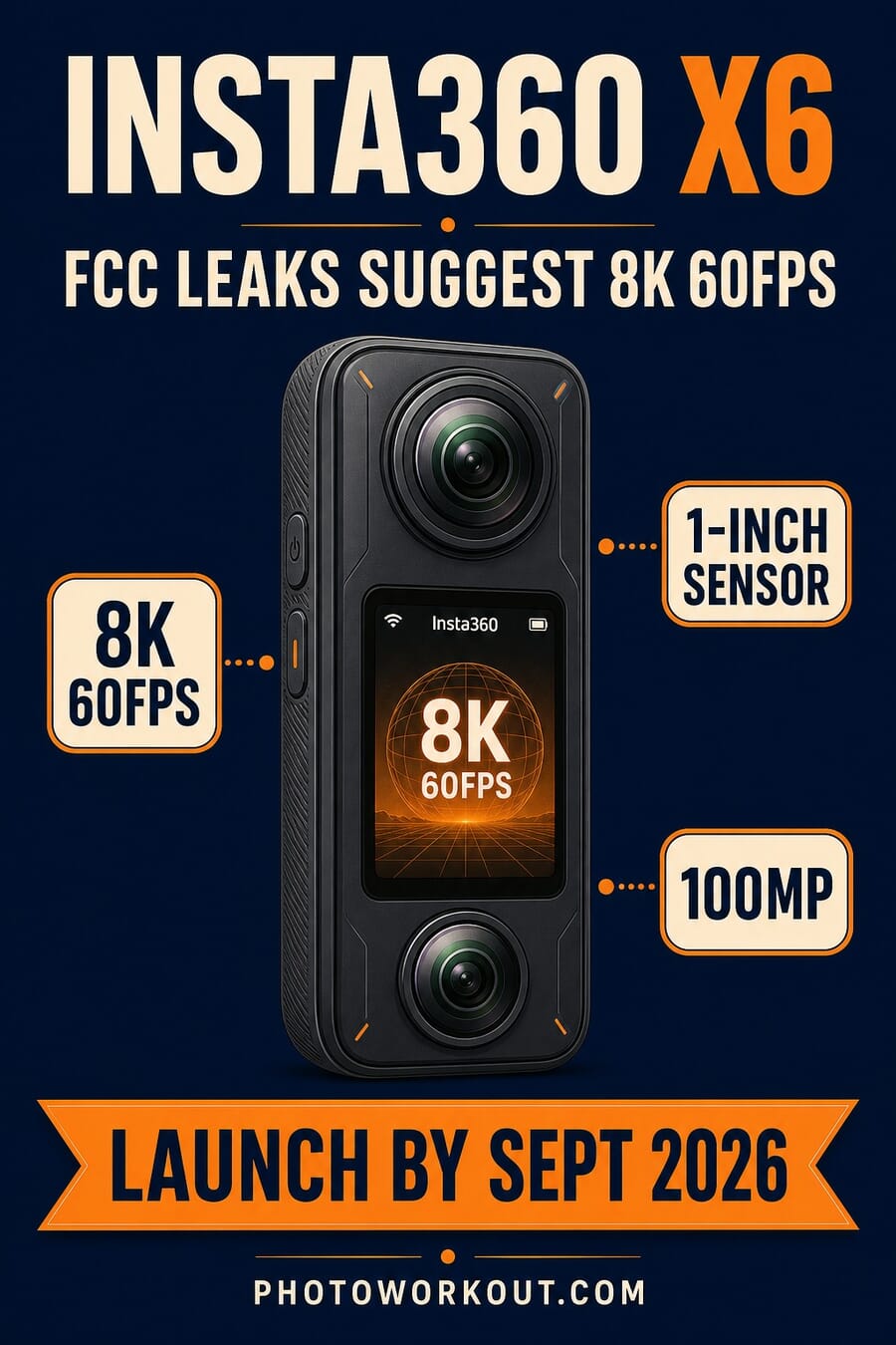 Vertical graphic summarizing the Insta360 X6 rumor sheet: FCC grant July 3, 8K 60fps, 1-inch sensor, 100MP, launch by September 2026