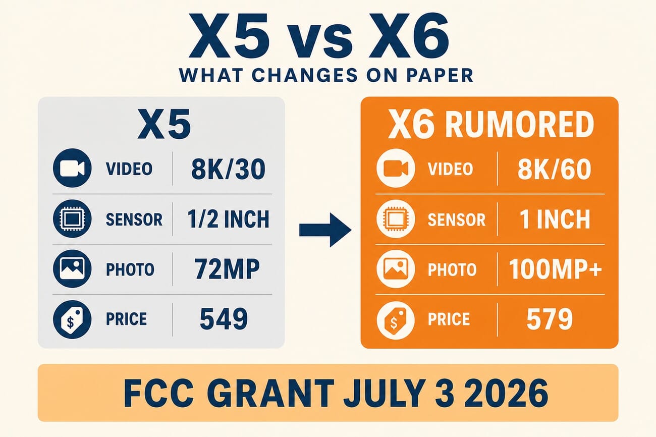 Infographic comparing the Insta360 X5 (shipping, 8K/30, 1/2-inch sensor, 72MP photos, $549) against the rumored Insta360 X6 (8K/60, 1-inch sensor, 100MP+ photos, ~$579)