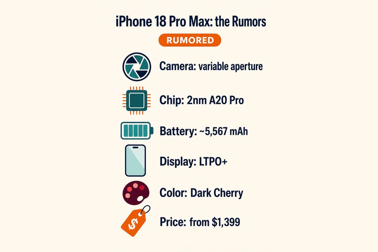 Infographic summarizing the iPhone 18 Pro Max rumors: variable aperture camera, 2nm A20 Pro chip, ~5,567mAh battery, LTPO+ display, Dark Cherry color, from $1,399